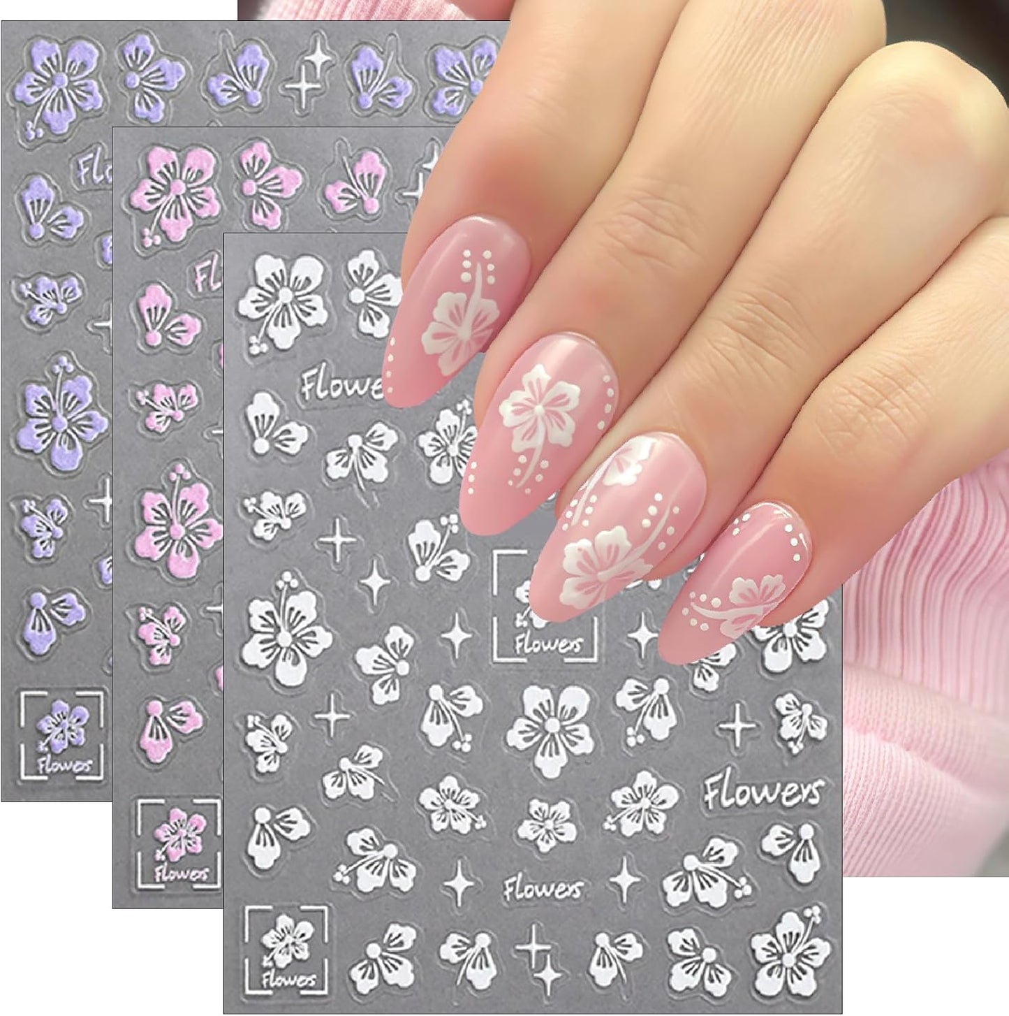 Flower Nail Stickers 5D Embossed Hollow Out Flower Nail Decals Pink Purple White Floral Designs Summer Cute Flowers Decals Pegatinas Uñas for Women DIY Manicure Decoration Accessories 3Sheets