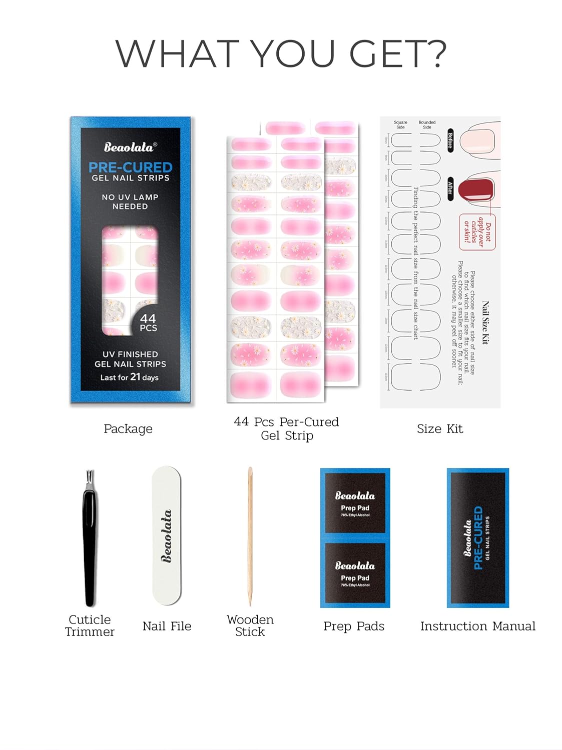 Pre Cured Gel Nail Strips - 44PCS Salon Quality Gel Nail Stickers - Long Lasting Polish Wraps for Women no UV Light Needed Easy Apply& Remove (PetalPink)