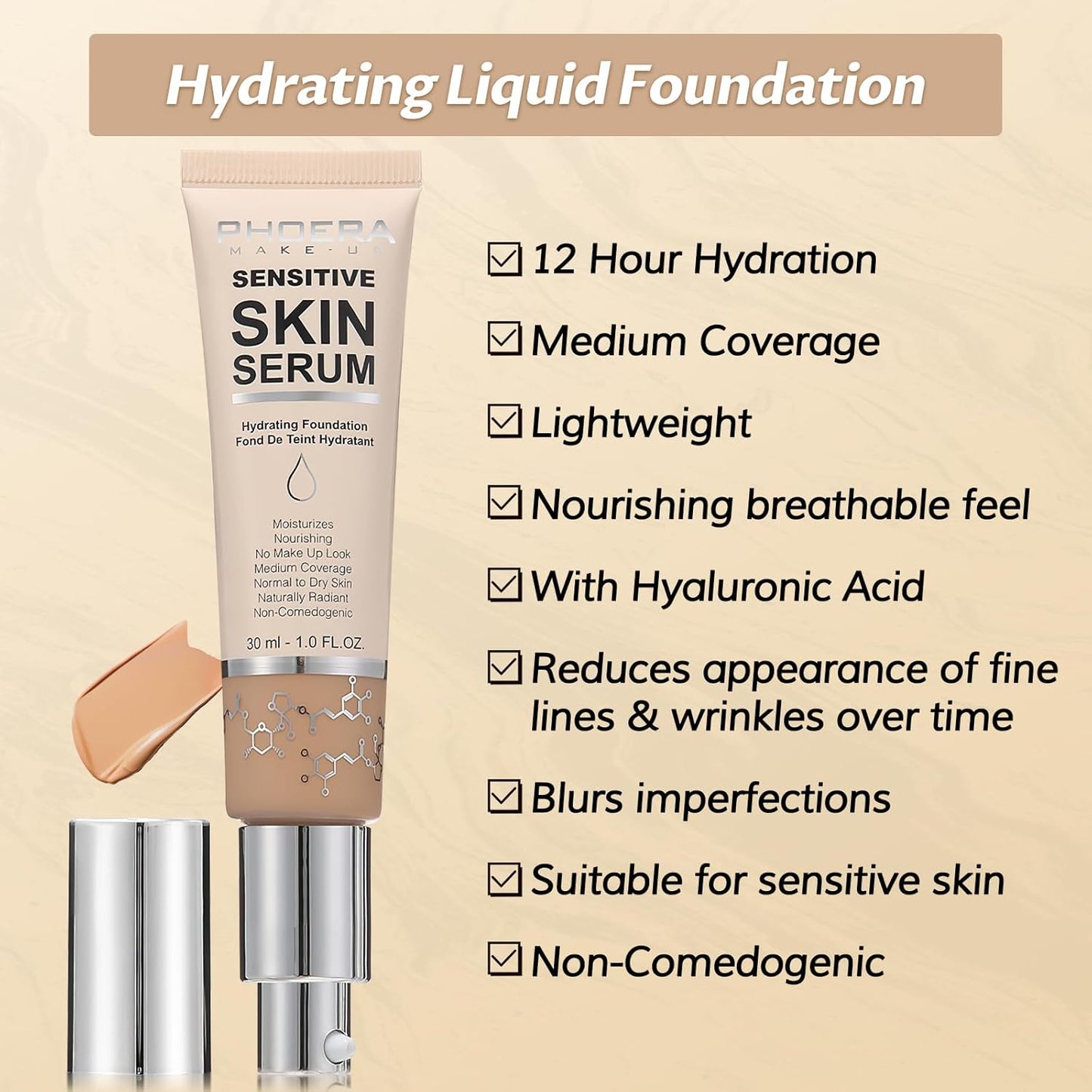Phoera Foundation Makeup,Flawless Soft Matte Full Coverage with Matte Finish,Hydrating Serum Foundation,Face Makeup for Normal and Dry Skin(N03 Buff Beige, 1PC)