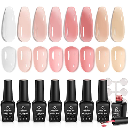 Beetles Jelly Gel Nail Polish Set, 8 Colors Nude Pink Neutral Sheer Milky White Gel Polish Kit Translucent Effect Spring Summer French Nail Art Nail Concealer Soak Off UV Manicure Gift for Women