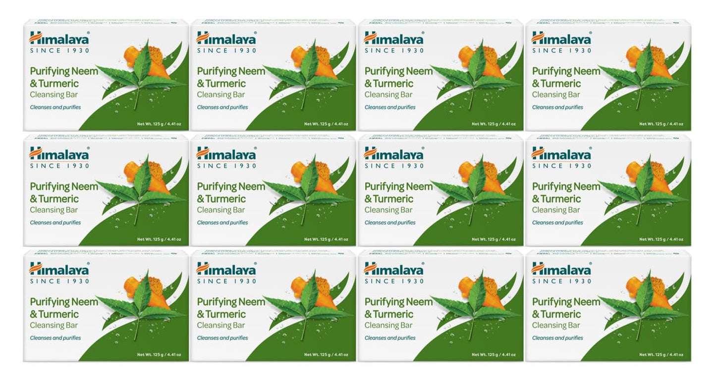 Himalaya Purifying Neem & Turmeric Cleansing Bar, Face and Body Soap for Soft and Clear Skin, 4.41 oz, 12 Pack