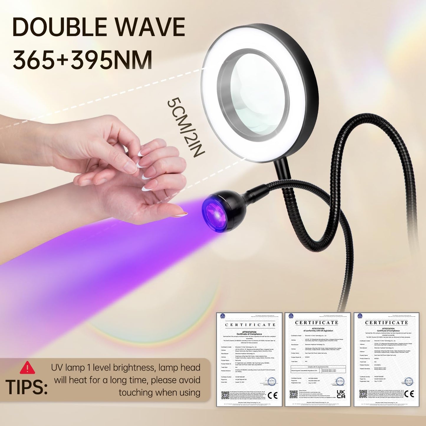 AORAEM LED UV Nail Lamp: Double-Headed Gooseneck U V Lamp for Gel Nails, LED Flash Cure Light with 6X Magnifier Home DIY Salon, Black