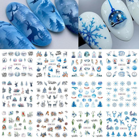 Christmas Nail Art Stickers Snowflake Water Transfer Nail Decals Winter Snow Flake Elk Cold Ice Bear Tree Nail Design Stickers for Nail Art Acrylic Watermark Nail Foils for Christmas Nail Decor 12Pcs