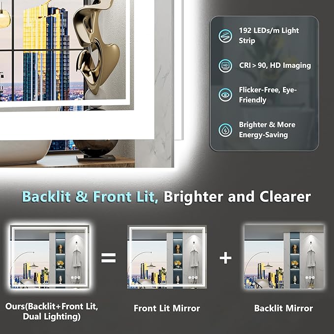 40x36 LED Bathroom Mirror with Lights, Backlit and Front Lit Anti-Fog Lighted - Image 3