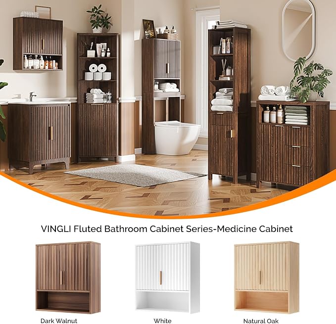 VINGLI Bathroom Wall Cabinet, Walnut Fluted Medicine Cabinet - Image 6