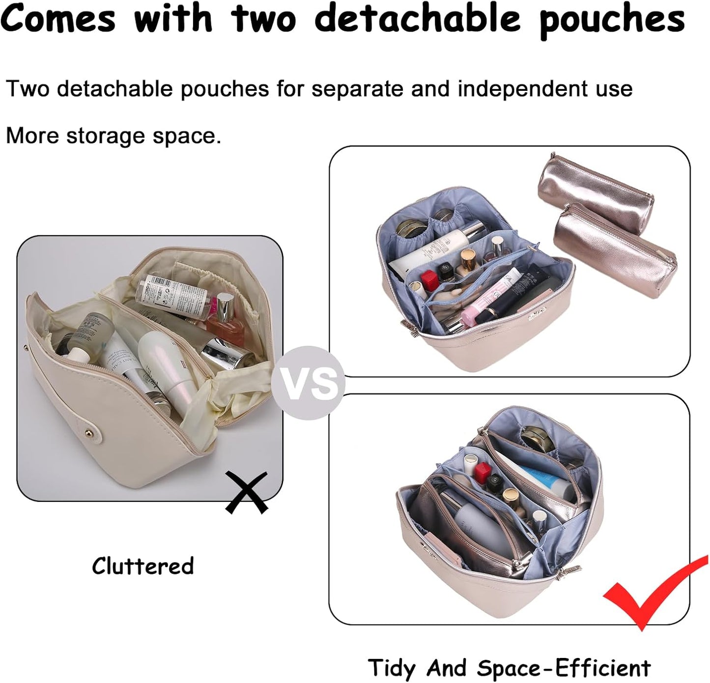 BOYATU Travel Makeup Bags for Women: Vegan Leather Cosmetic Bag Set of 3 - Large Capacity Make up Bag with Divider - Wide Open Waterproof Toiletry Organizer Bag with Handle (05-Gray)