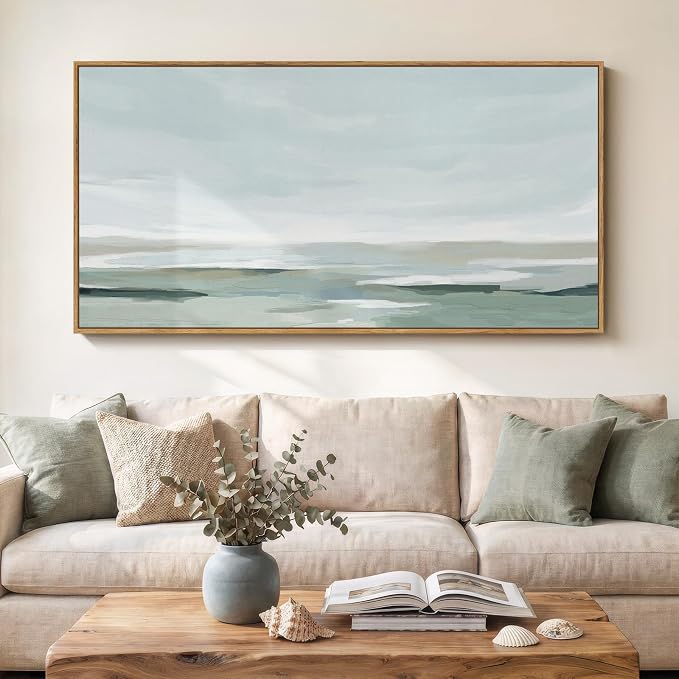 Large Framed Wall Art for Living Room, Horizontal Sage Green Abstract Landscape by Cuspin