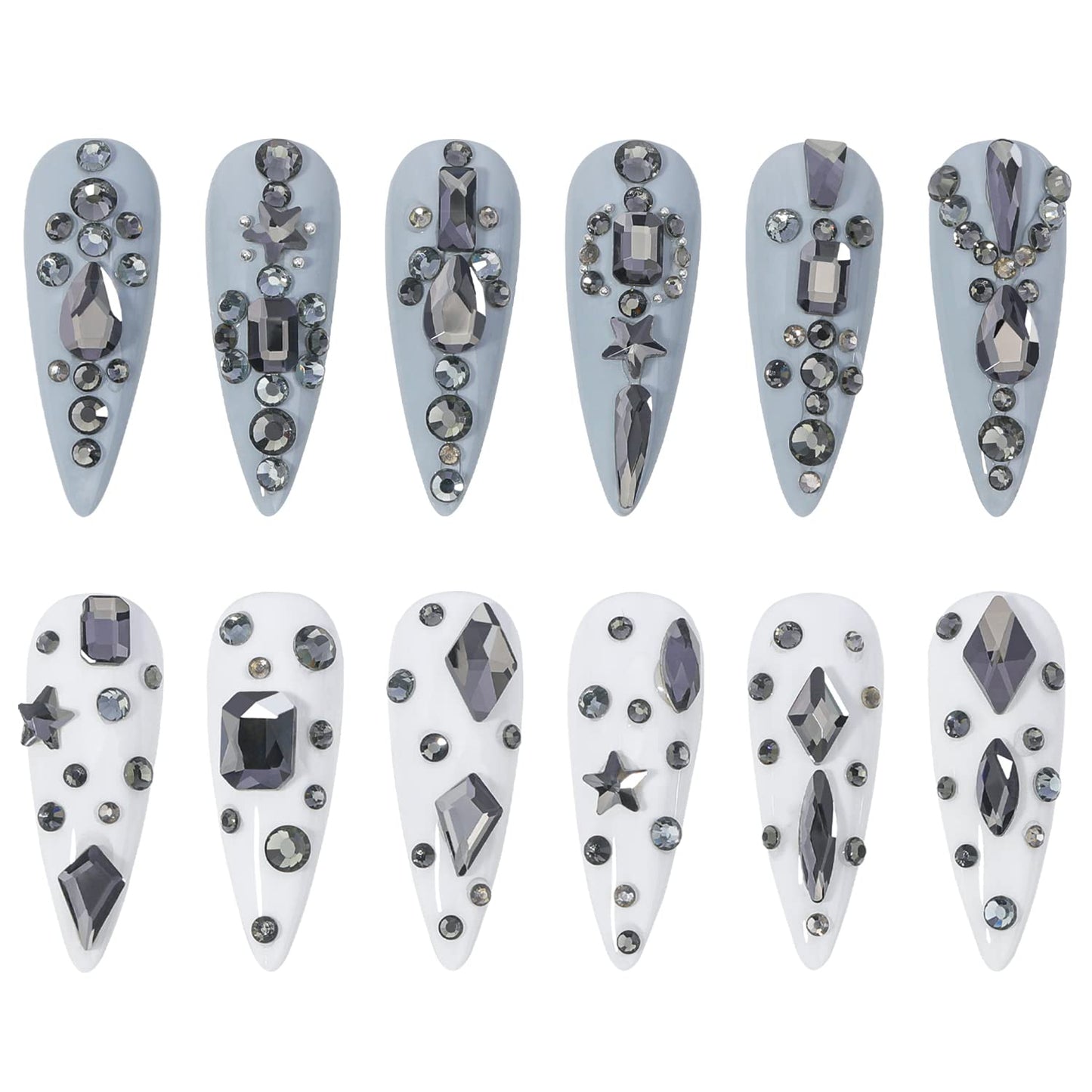 HNUIX Nail Rhinestones - 3D Multi Shape Size Crystal, Transparent Gray Nail Gems, Flat Back, with Kit, for Nail Art, DIY Decorations