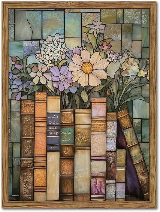 YYNISPIN Vintage Book Wildflower Wall Art Moody Stained Glass Book Lover Wall by YYNISPINWallArt
