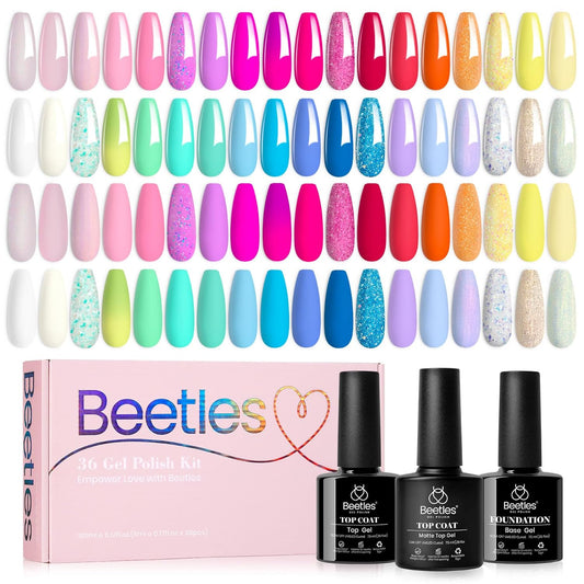 beetles Gel Polish Set - 39Pcs Neon Gel Nail Polish Pink Red Blue Purple Polish All Season Nails with Base Top Coat Soak off Uv LED Lamp Colorful Candies Manicure Kit DIY Home Gifts for Women Girls
