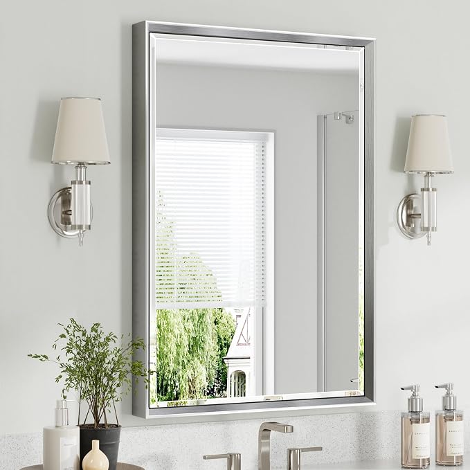 Silver Bathroom Mirror, 24x36 Inch Beveled Vanity Mirror by QUEENFUN
