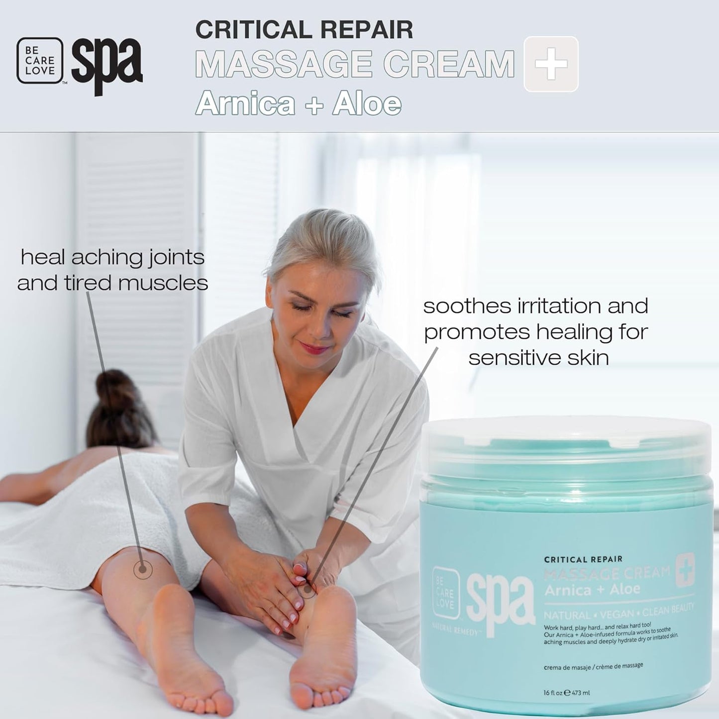 Be Care Love Spa Critical Repair Massage Cream with Organic Arnica and Organic Aloe Natural Vegan Clean Beauty Made in USA 16 fl oz