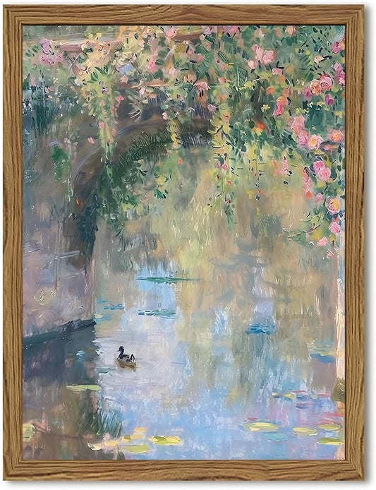 Framed Vintage Monet Canvas Wall Art, Floral Landscape Wall Decor Paintings by Unknown