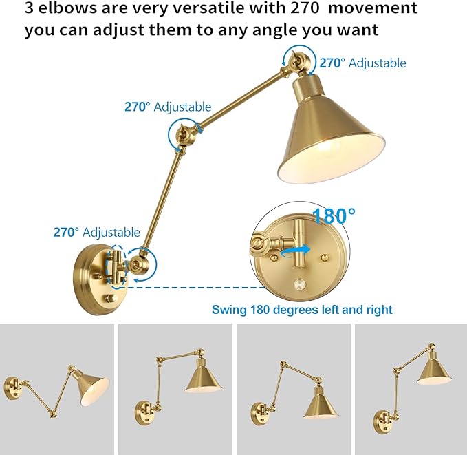 TRLIFE Wall Sconce Plug in, Brushed Brass Dimmable Wall Sconce Swing Arm Wall - Image 3