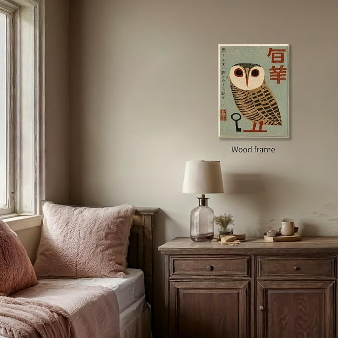 Vintage Japanese Framed Wall Art Owl Poster Mid Century Animal Print 20x30in - Image 4