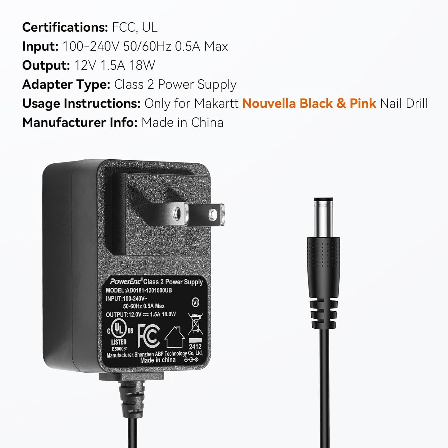 Makartt Original Power Charger Adapter for Nouvella Nail Drill, 12V 1.5A AC-DC Battery Supply for 35000RPM Rechargeable Electric File Manicure Tech Art Salon Home DIY Use