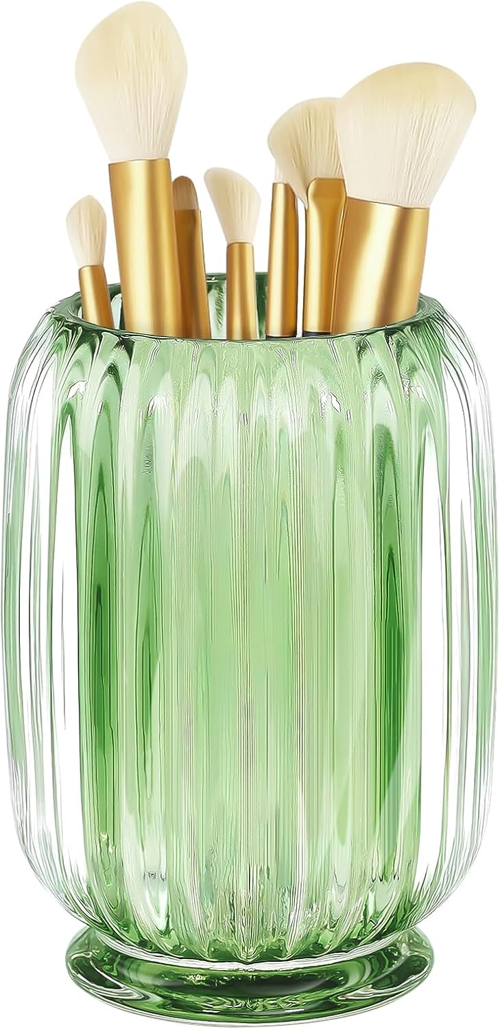 Makeup Brush Holder, Thick Glass Makeup Brush Organizer Cup, 4.8" Tall for Vanity Hair Brush Holder Brushes Storage, Makeup Brush Holder Organizer organizador de brochas de maquillaje Crystal Green