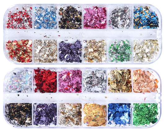 AUOCATTAIL 24 Grids Foil Nail Art Holographic Aluminum Nail Foil Flakes Stickers Nail Sequins 3D Glitter Decoration DIY Design Accessories Rainbow Nail Art Supplies Gold Nail Decals