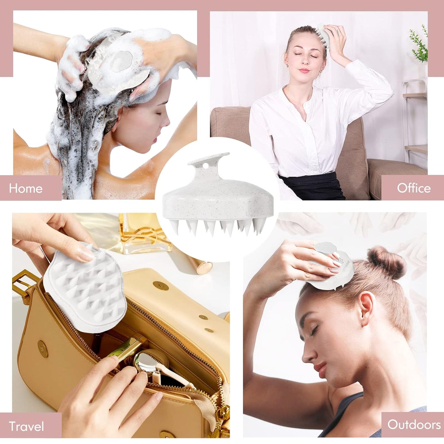 URTHEONE Scalp Massager Shampoo Brush, Hair Scalp Scrubber Head Massager with Soft Silicone Bristles for Women Men Kids Pets Shower and Hair Growth(Beige) Includes 5 Pcs Hair Ties