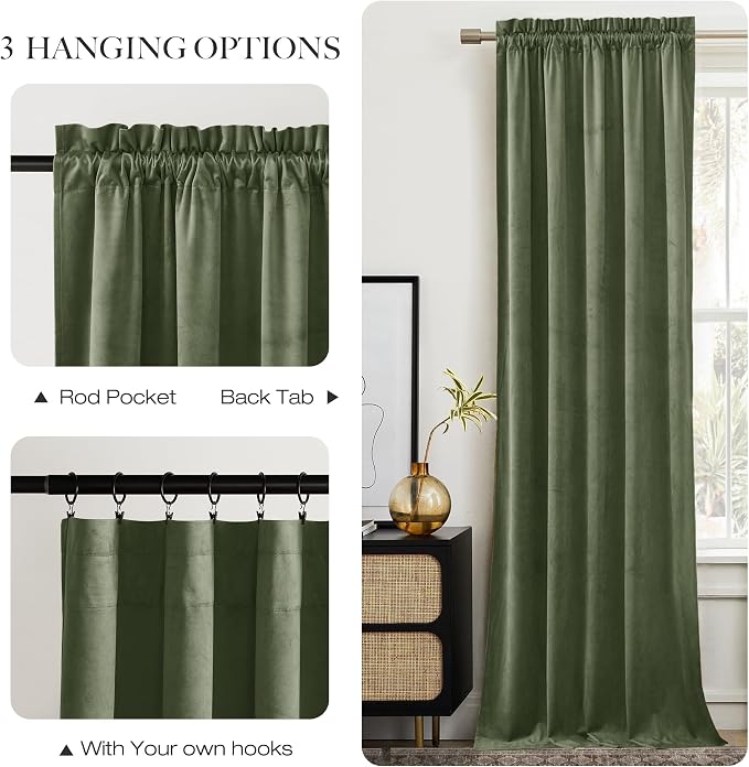 NICETOWN Sage Green Room Darkening Velvet Curtains 90 inches Long 2 Panels - Image 5