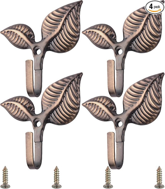 Set of 4 Vintage Leaf Wall Hooks Antique Bronze Coat Hooks Heavy Duty by Unknown
