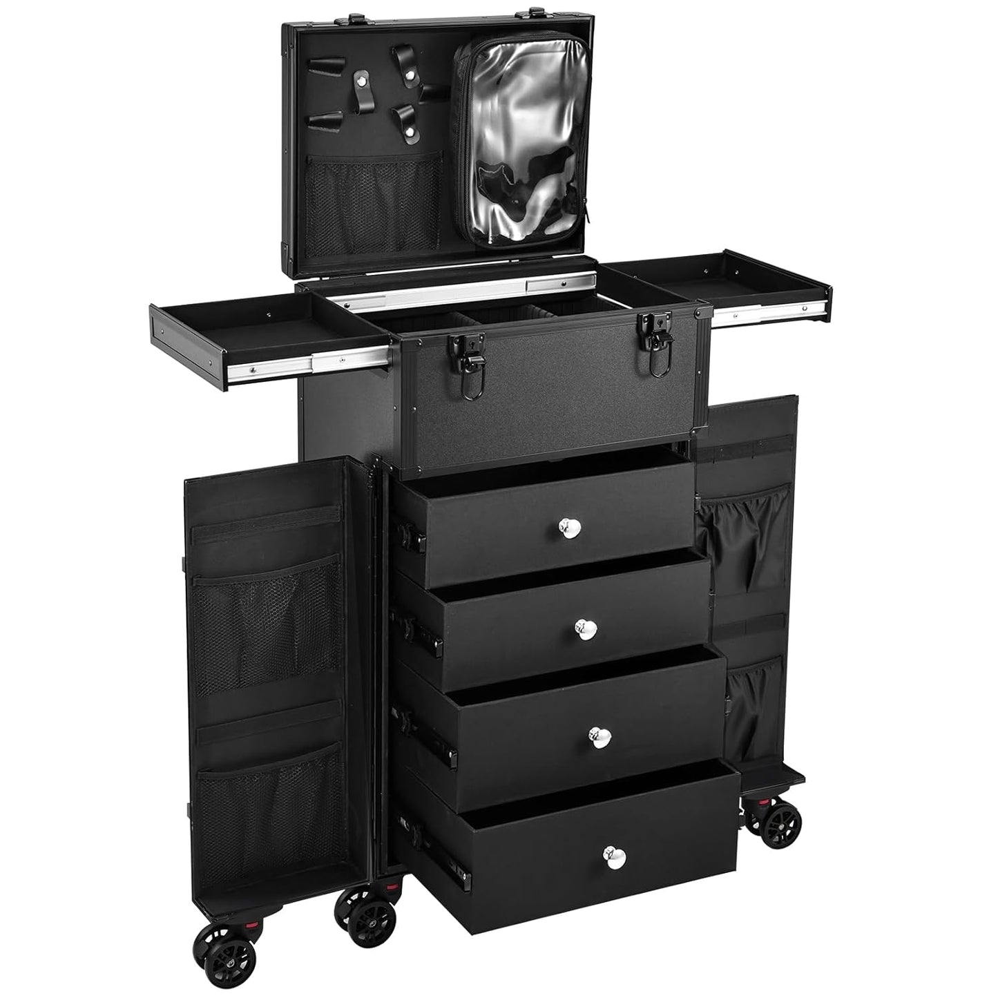 Joligrace Professional Rolling Makeup Case 4 Drawers Pro Makeup Artist Cosmetic Train Case Hairstylist Travel Case Portable Make Up Station with Multiple Compartments Extra Large - Black