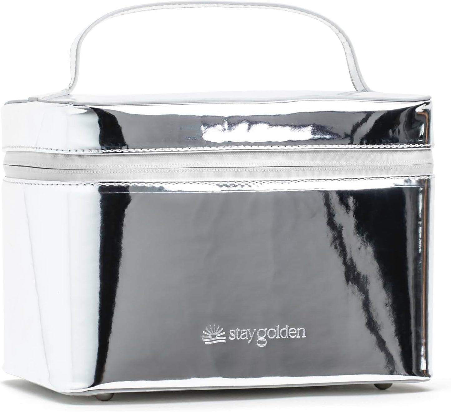 Large Insulated Metallic Silver Travel Makeup Case - Waterproof Vegan Leather Beauty Travel Skincare Bag - Heat-Resistant Zippered Designer Makeup Bag Shields Cosmetics from Melting, Freezing