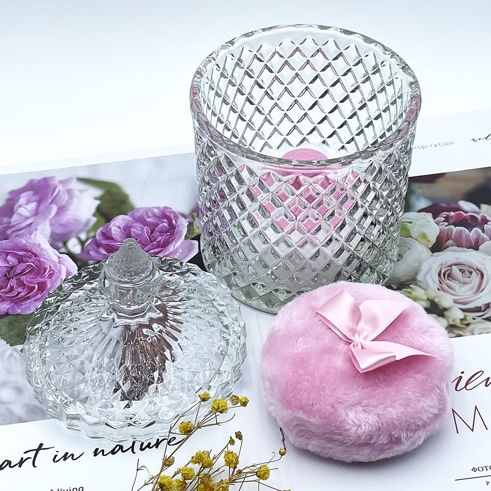 Luxury 4.2 Inch Glass Powder Container with 2 Plush Puffs｜Non-Sealed Refillable Organizer for Body Powder&Makeup｜Setting Powder Applicator w/Loose Powder Storage(Pointed Cylinder-Clear-Large)