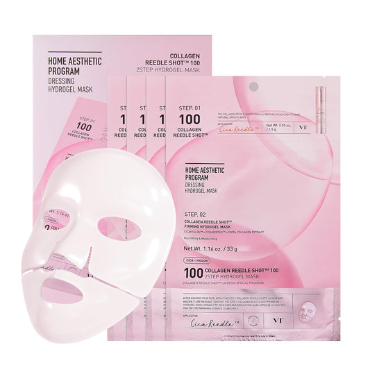 VT COSMETICS Collagen Reedle Shot 100 2-Step Hydrogel Mask(34.5gx4ea), Intensive Firming, Exosome 500Da Collagen, Fine Lines, Overnight Melting Mask, Korean Facial Mask, Pink Collagen