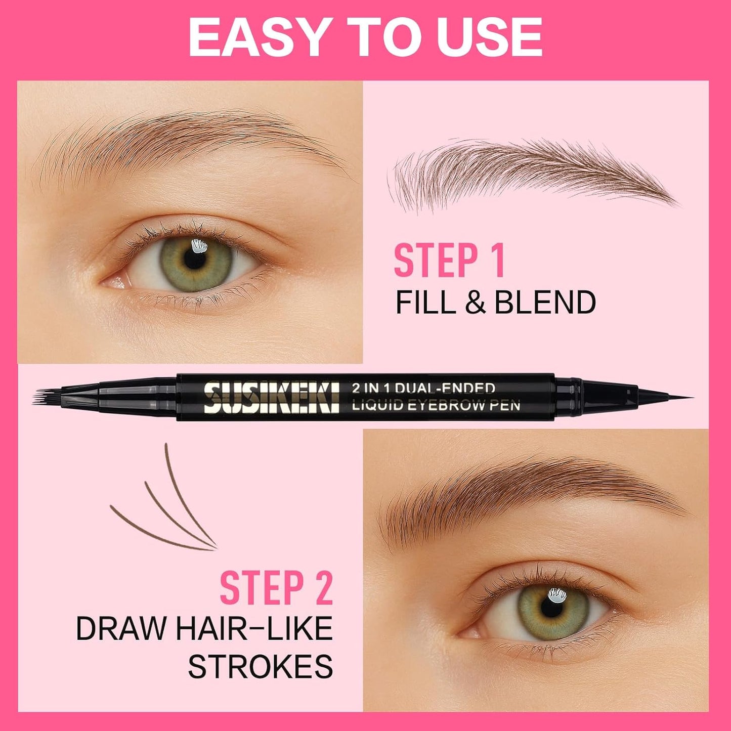 Dual Ended Microblading Eyebrow Pen - 2 in 1 Liquid Eyebrow Pencil with Brow-Fection Angled Brush & Precise Detail Brush-Tip, Shapes & Fills Hair-Like Looking Brows, Lasts All-Day, Dark Brown