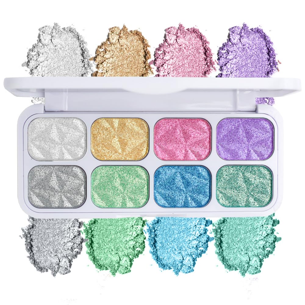 8-Color Highlighter & Contour Palette - Shimmer, Glitter, Iridescent Multichrome Holographic Eyeshadow for Face & Cheek, Purple Rainbow Highlight Makeup