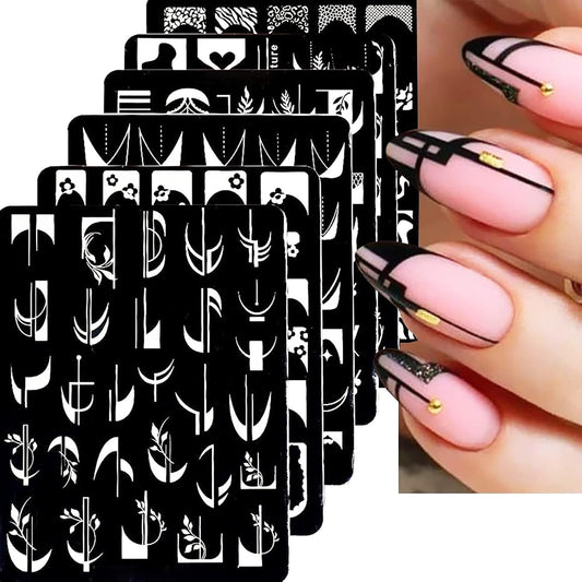 6Pcs Nail Art Stamping Templates Set with French Line Flowers Leaves Smiley Heart Design Art Stamping Kits DIY Printing Tools Fashion Art Decoration for Women and Girls