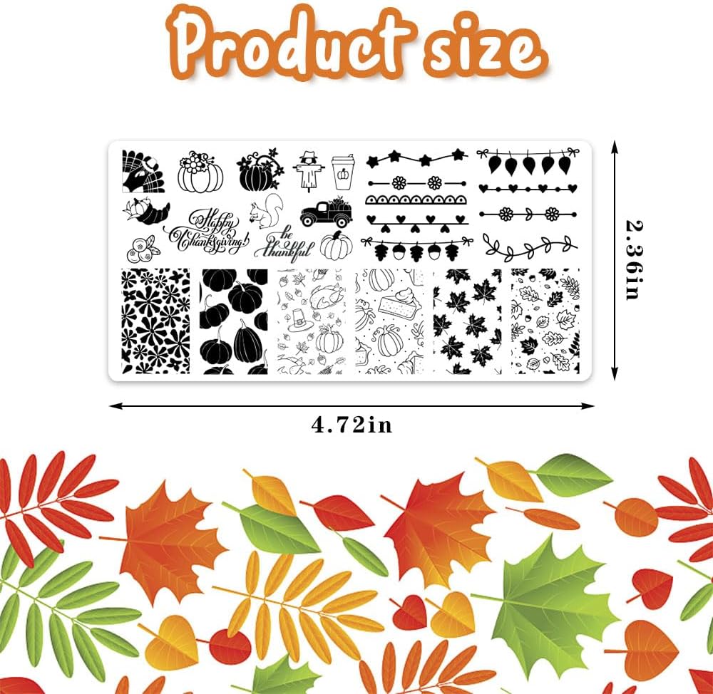 ALIBBON 6 Pcs Fall Nail Stamping Plates Set, Leaves Background Nail Art Stamp Templates, Pumpkin Gnome Stamp Templates Kit, Happy Thanksgiving Day Metal Nail Plates for DIY Printing Decor 4.7×2.4"