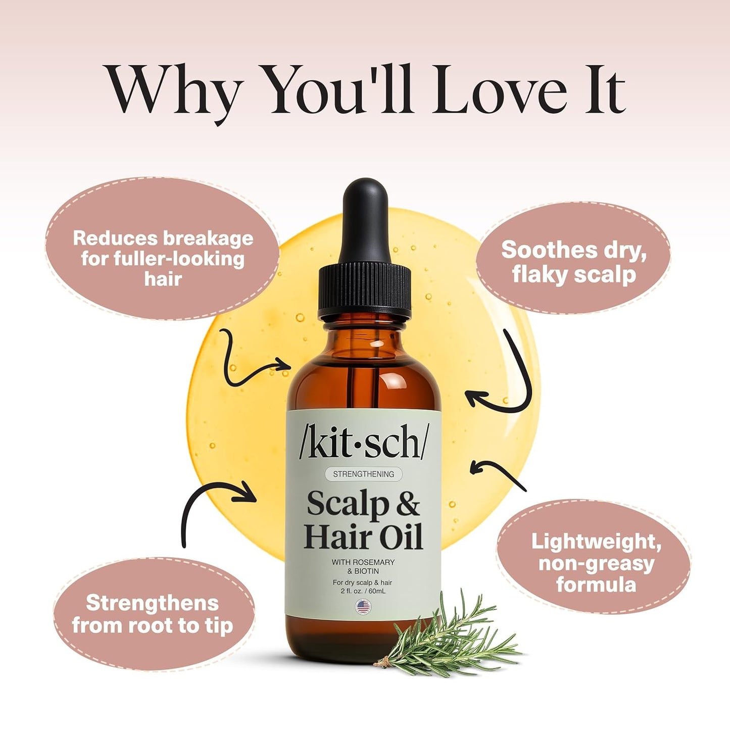 Kitsch Rosemary Oil Pre-Wash Strengthening Hair Oil with Castor, Biotin, Jojoba, Lavender Scent, 60ml
