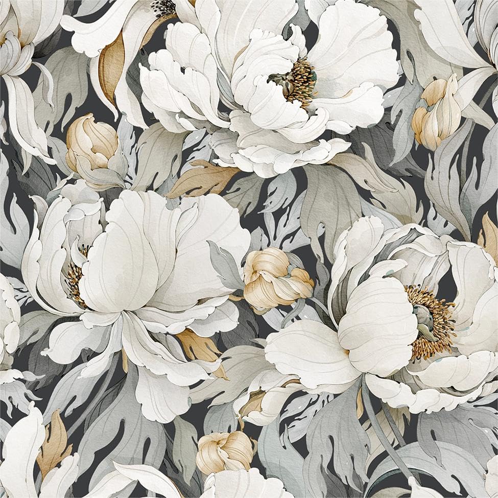 Modern Dark Grey White Poppy Floral Peony Flowers Peel and Stick Wallpaper Wall by Yzogbry