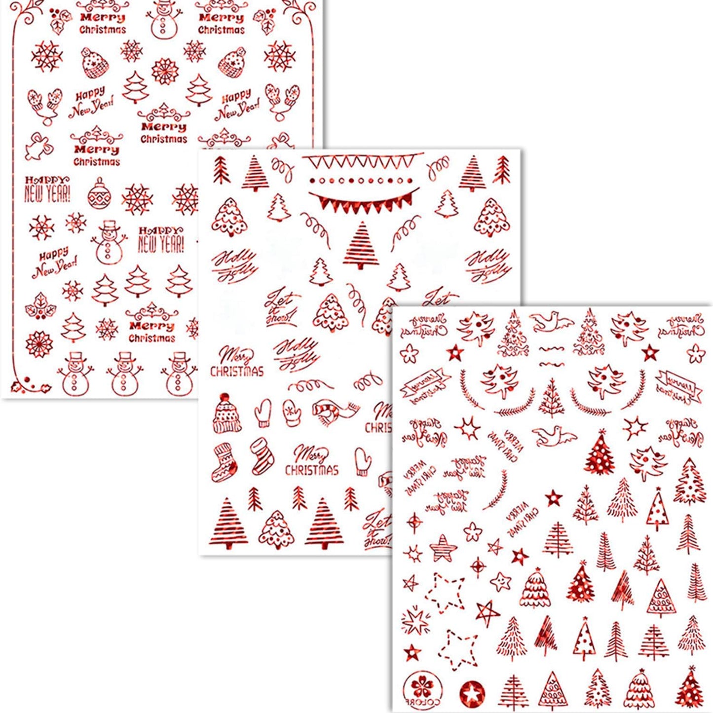 HNUIX Nail Stickers - 3D Christmas, Self Adhesive Nail Decals, Multi Pattern, Red, 9 Sheets, for Nail Art