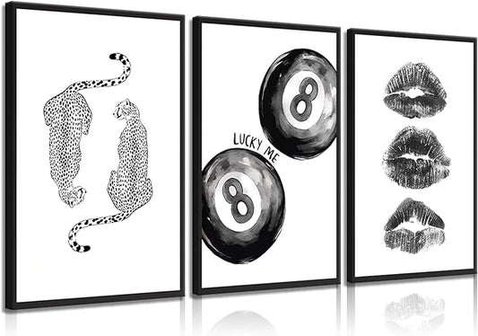 BOKPEN Trendy Black and White Leopard Canvas Wall Art, Funky Y2k Lucky 8 Ball by bokpen