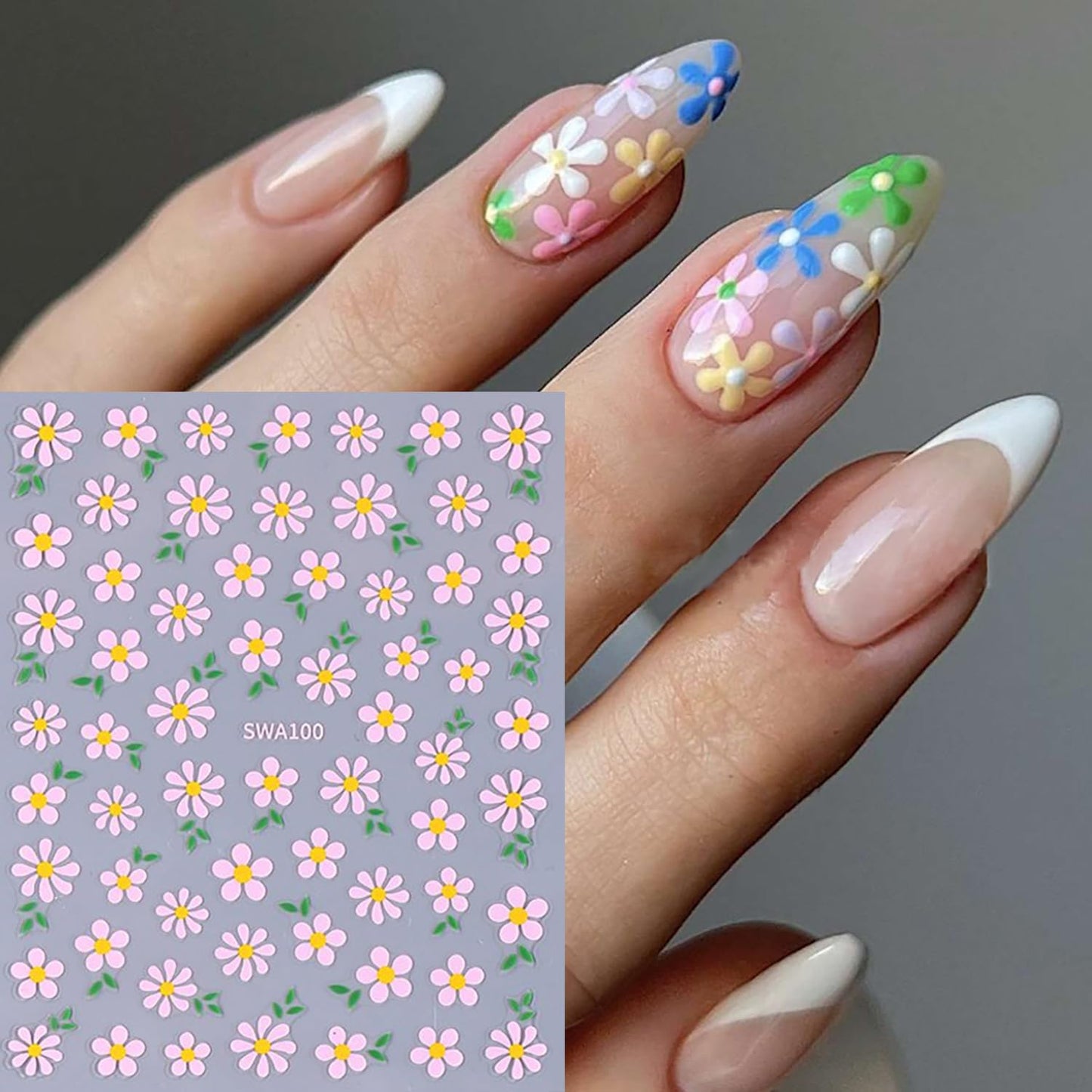 6 Sheets Flower Nail Art Stickers Daisy Nail Art Decals 3D Self-Adhesive Spring Nails Sticker Holographic Pink Blue White Blossom Nails Decal Decoration for Women Floral Manicure Supplies