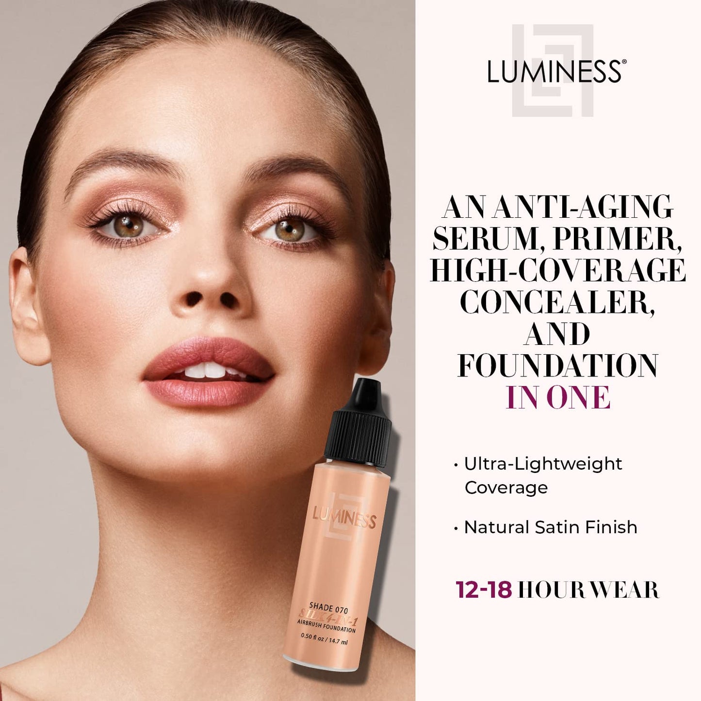Luminess Air Silk 4-In-1 Airbrush Foundation- Foundation, Shade 070 (.5 Fl Oz) - Sheer to Medium Coverage - Anti-Aging Formula Hydrates and Moisturizes - Professional Makeup Kit for Cordless Air Brush