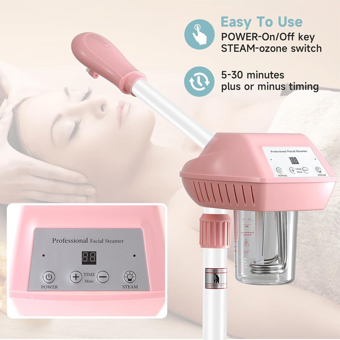 Face Steamer on Wheel Professional Ozone Face Steamer for Deep Facial Cleansing Pink