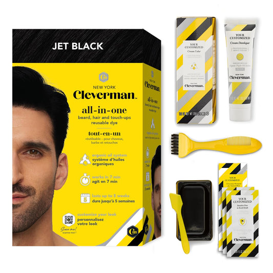 CLEVERMAN Jet Black Hair & Beard Dye for Men, All-in-One Reusable Kit - Permanent, Ammonia-Free, Professional-Quality and Natural-Looking Gray Coverage for Hair, Beard & Mustache