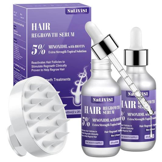 2 Pack 5% Minoxidil for Men Women Hair Growth Oil Regrowth Serum with Scalp Massager, Extra Strength Hair Loss Treatments Spray Foam, Beard Growth Kit - Hair Growth Products,