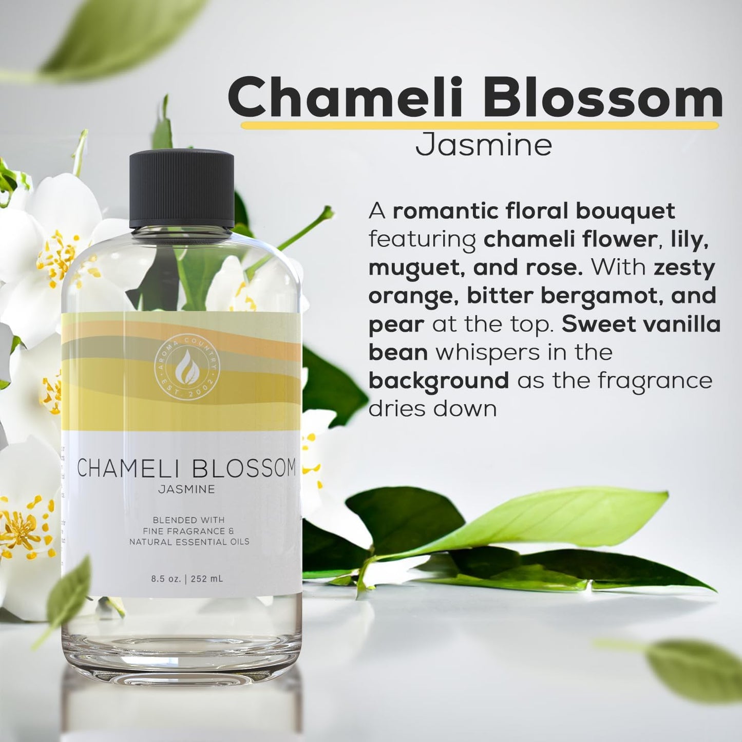 Aroma Country Chameli Blossom Diffuser Oil - Luxury Essential Oils for Diffuser Refill & Air Freshener Room Spray - Long-Lasting & Natural Home Fragrance, Jasmine Scented Oil (8.5 Fl. oz)