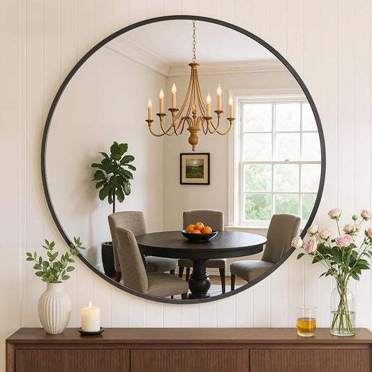 Bathroom Mirror for Wall, 24 Inch Round Mirror, Matte Black Metal Framed Circle by Atilioo