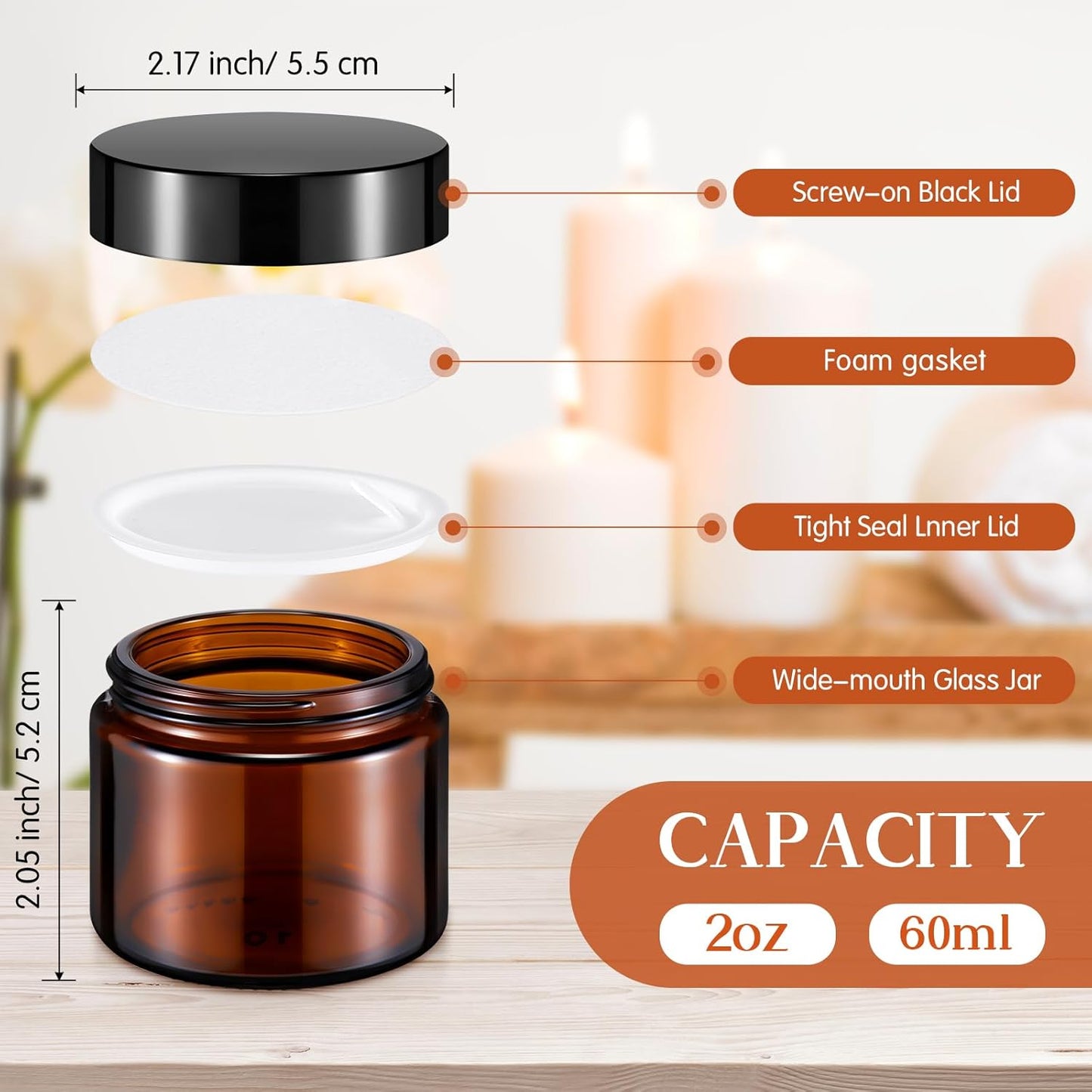 Domensi 48 Pcs 2 oz Glass Jars with Lids Travel Size Round Leakproof Empty Cosmetic Jars with Inner Liners Lid for Storing Makeup Lotions Face Cream Ointments Candle DIY Making (Amber)