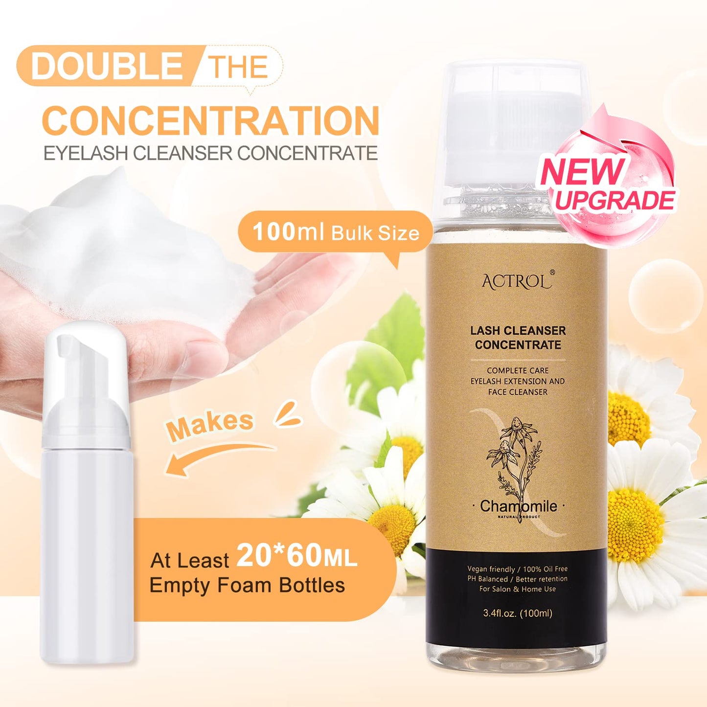 Eyelash Cleanser Concentrate 100ml Chamomile Professional Lash Shampoo Foaming Cleanser Paraben & Sulfate Free Non-lrritating Wash for Extensions Lashes with Salon Home Care-Makes 20 Bottles