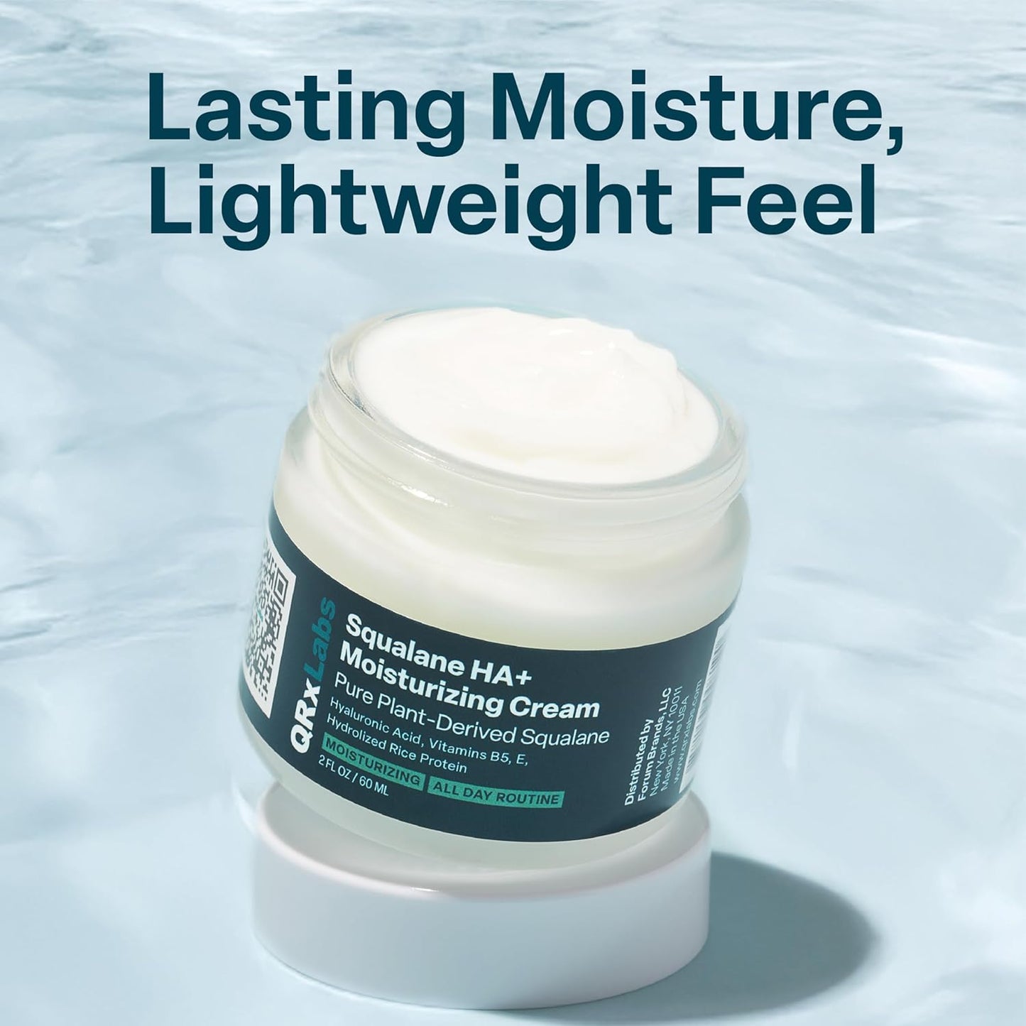 QRxLabs Plant-Based Squalane Face Moisturizer - 2 fl oz (60 mL) - Hyaluronic Acid Hydrating Cream for Face & Body - Moisturizing Cream with Vitamin B5 & Rice Protein - Silicone-Free Cruelty-Free