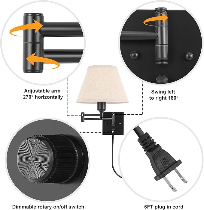 TRLIFE Wall Sconce Plug in, Dimmable Wall Sconces Set of Two Swing Arm Wall - Image 5