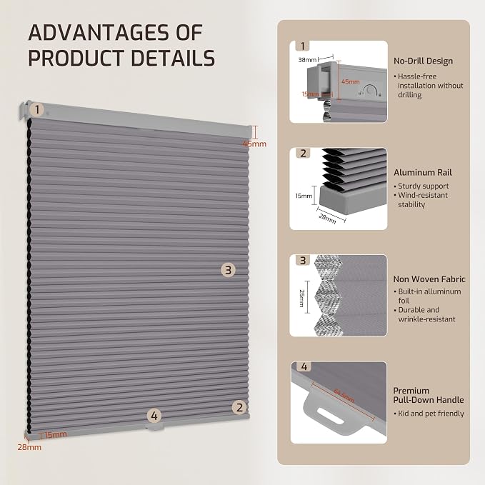 Grandekor No Drill No Tools Cordless Cellular Shades, 27.5" W x 64" H, UV - Image 9