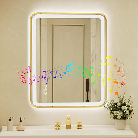 32x40 Inch Gold Framed LED Bathroom Mirror by Unknown